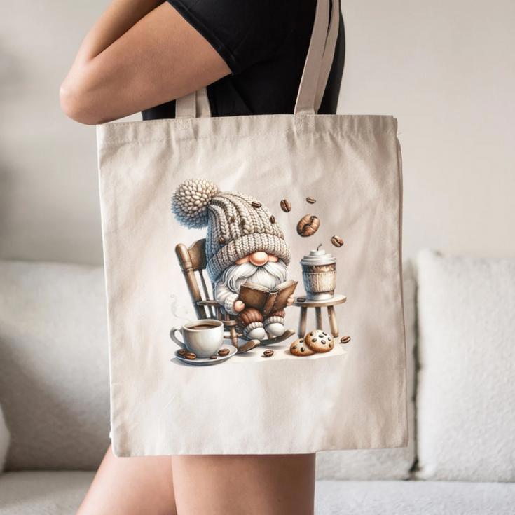 Vintage Cute Gnome Reading Book Coffee Cute Gnome Graphic Canvas Tote Bag