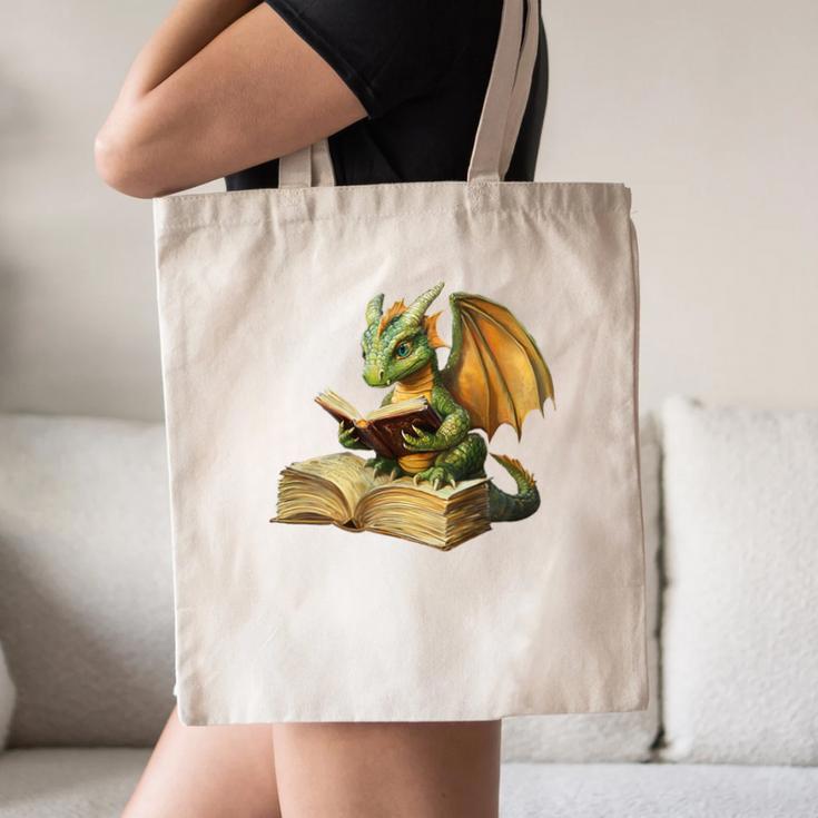 Women's Dragon Bookworm Reading Book Graphic Canvas Tote Bag