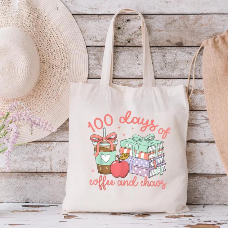 100 Days Of Coffee And Chaos Coquette Bow Book Apple Canvas Tote Bag