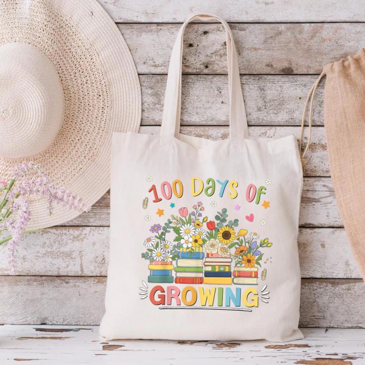 100th Day Of School Teacher Floral Books 100 Days Of Growing Canvas Tote Bag