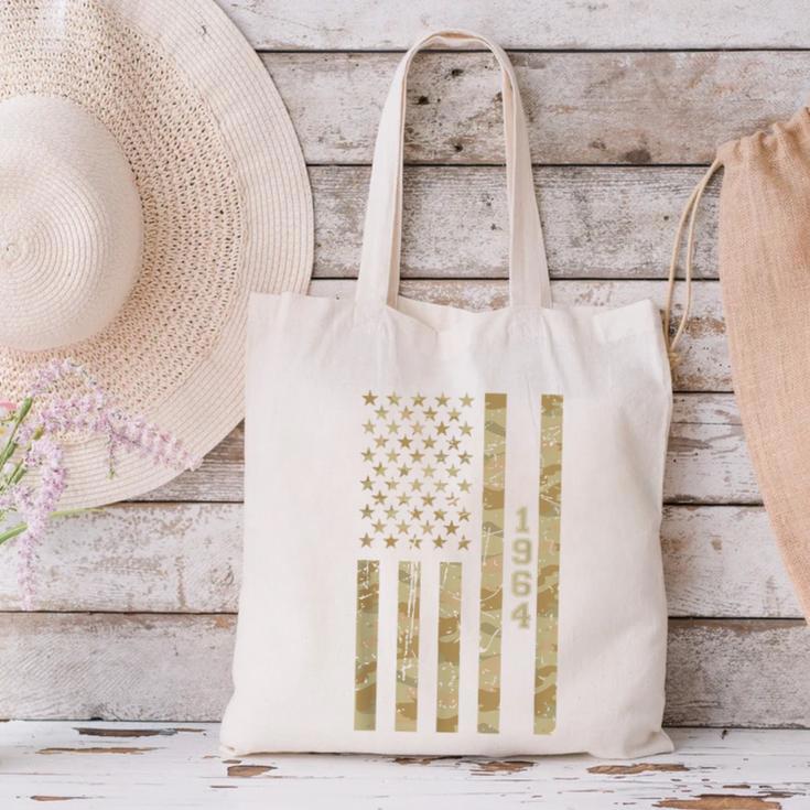 1964 Year Nostalgia Desert Camo Distressed American Flag Canvas Tote Bag