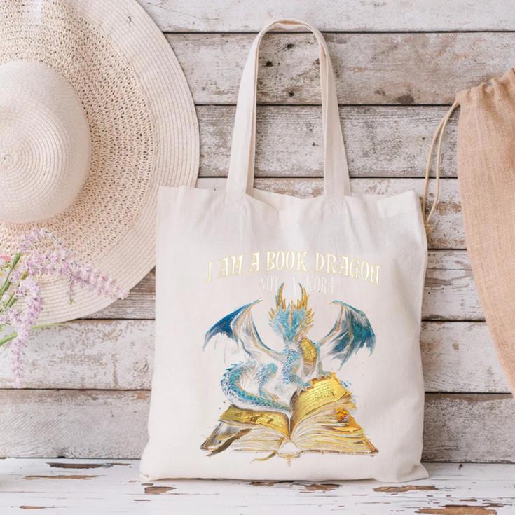 3 Bookish Quote I Am a Book Dragon Not a Worm Reading Book Canvas Tote Bag