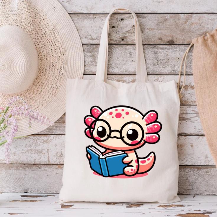 Adorable Book Lover Axolotl With Reading Glasses Cute Canvas Tote Bag