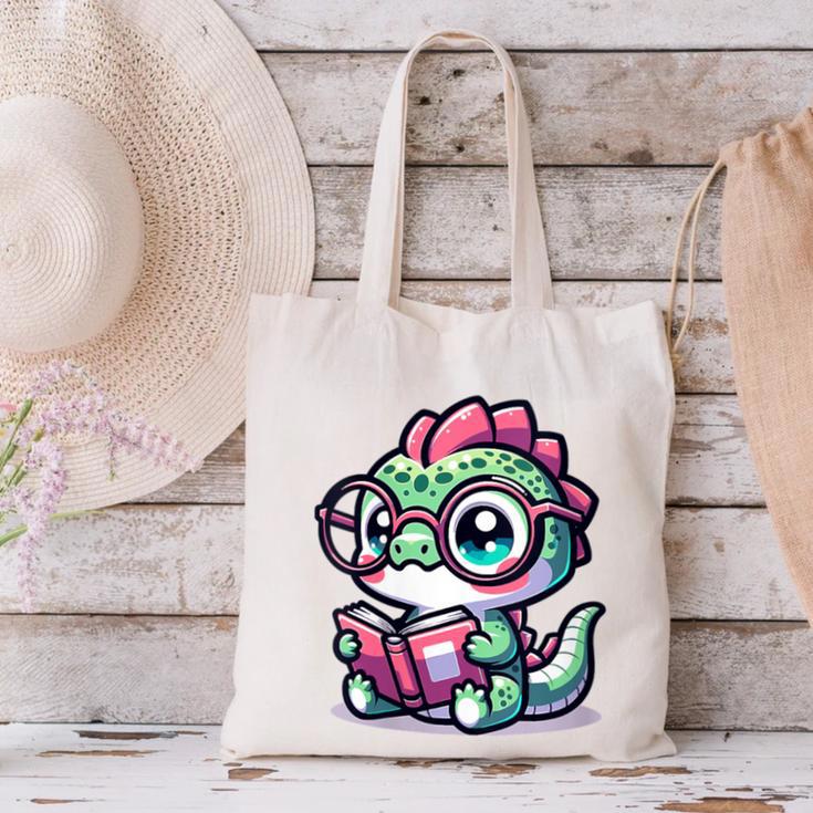 Adorable Book Lover Basilisk With Reading Glasses Cute Canvas Tote Bag