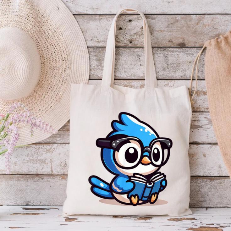 Adorable Book Lover Blue Jay With Reading Glasses Cute Canvas Tote Bag Adorable Book Lover Blue Jay With Reading Glasses Cute Canvas Tote Bag