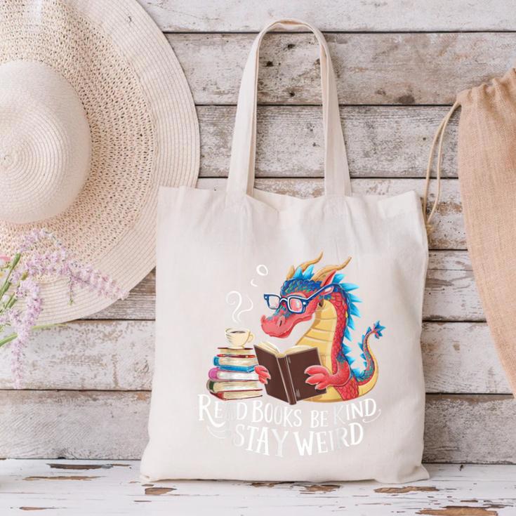 Adorable Book Lover Dragon Read Books Be Kind Stay Weird Canvas Tote Bag