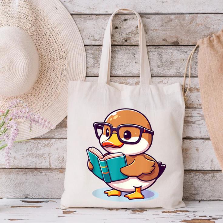Adorable Book Lover Mallard Duck With Reading Glasses Cute Canvas Tote Bag