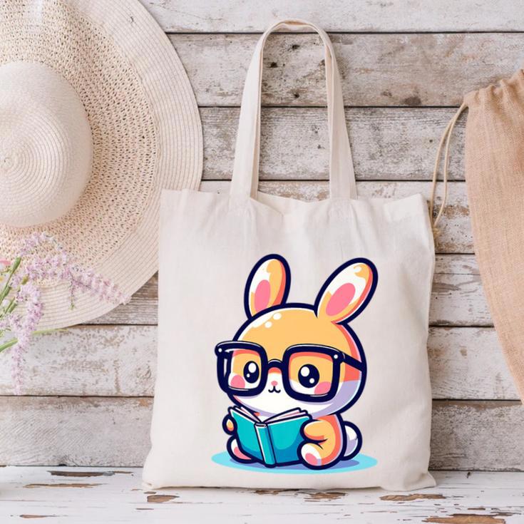Adorable Book Lover Rabbit With Reading Glasses Cute Premium Canvas Tote Bag