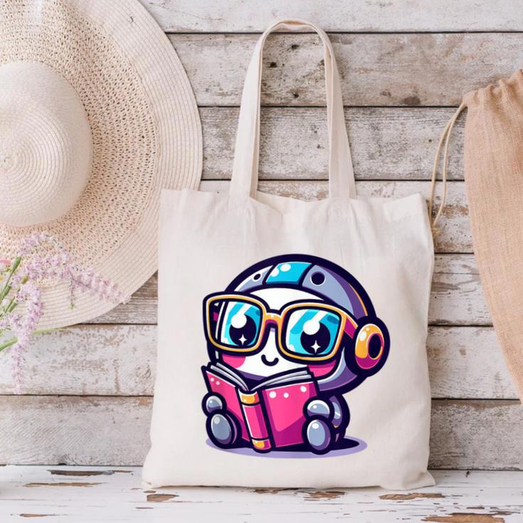 Adorable Book Lover Robot With Reading Glasses Cute Canvas Tote Bag