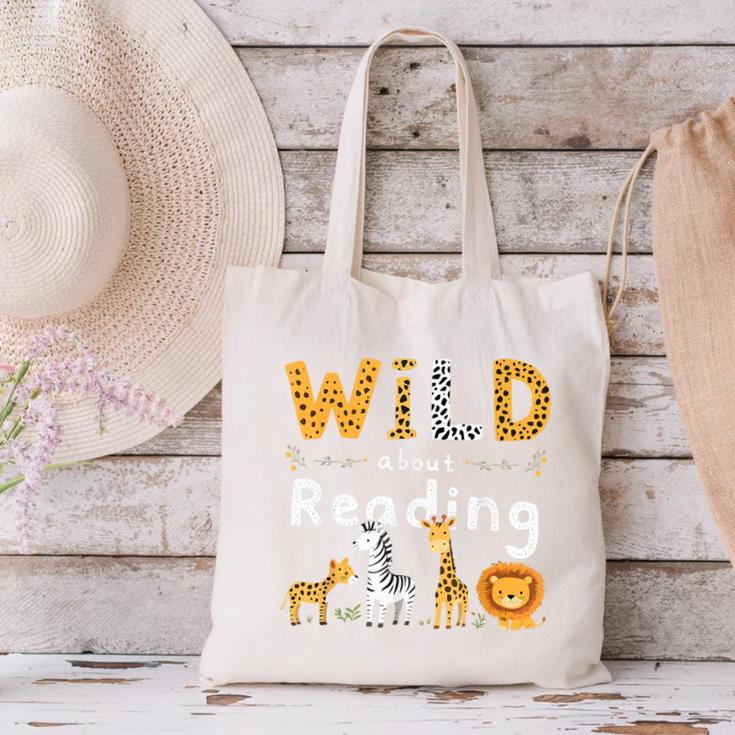 Animal Print Read A Book Character Kids Wild About Reading Canvas Tote Bag