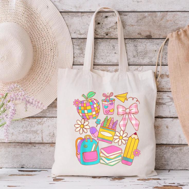Apple Disco Pencil Books Bow Teacher Student Back To School Canvas Tote Bag