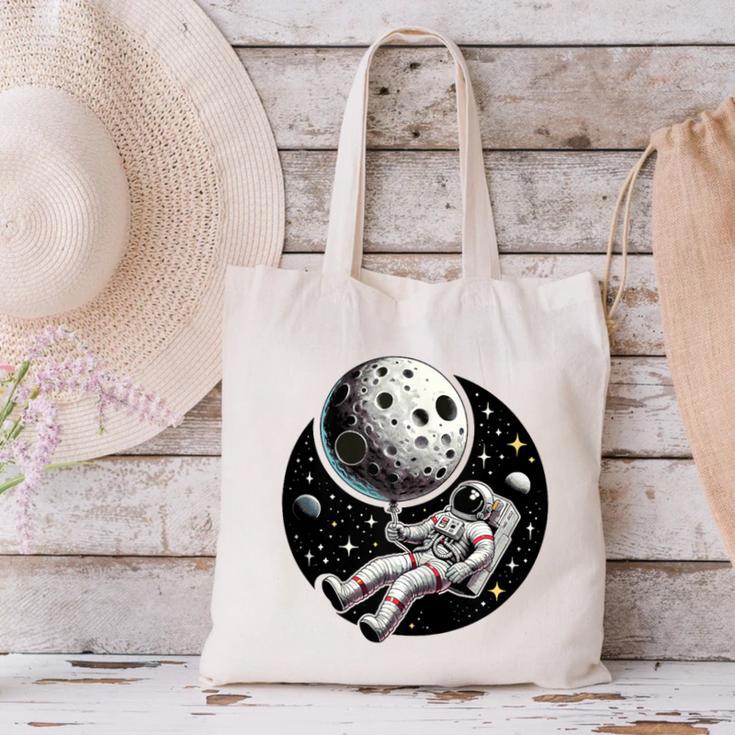 Astronaut Aesthetic Holding Moon Balloon Planets Introvert Canvas Tote Bag