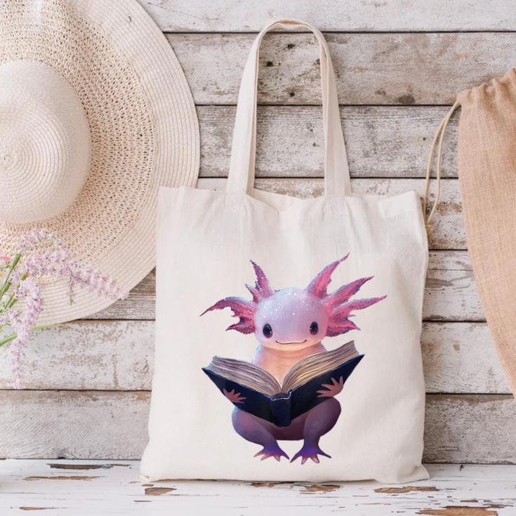 Axolotl Bookworm Reading Book Kawaii Graphic Canvas Tote Bag