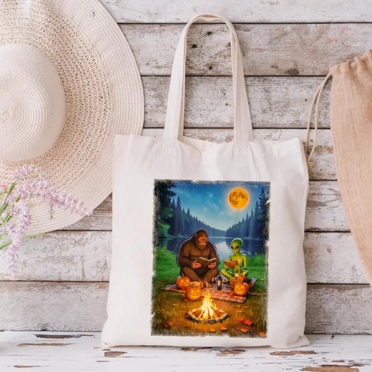 Bigfoot And Alien Reading Books Campfire Halloween Canvas Tote Bag