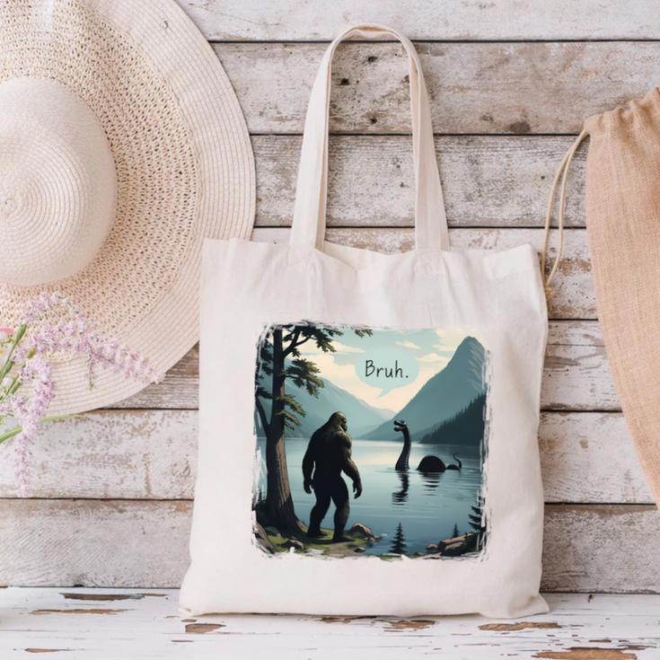 Bigfoot Sasquatch & Loch Ness Monster Introvert Bruh Canvas Tote Bag Bigfoot Sasquatch & Loch Ness Monster Introvert Bruh Canvas Tote Bag