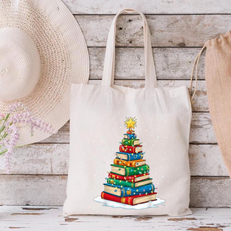 Book Christmas Tree Xmas Lights Book Lover Teacher Librarian Canvas Tote Bag