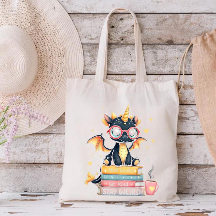 Book Lover Chibi Dragon With Big Red Glasses Bookworm Canvas Tote Bag