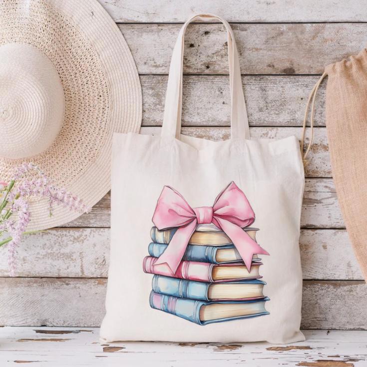 Book Lover Coquette Bow Pink Dainty Ribbon Cute Bookworm Canvas Tote Bag