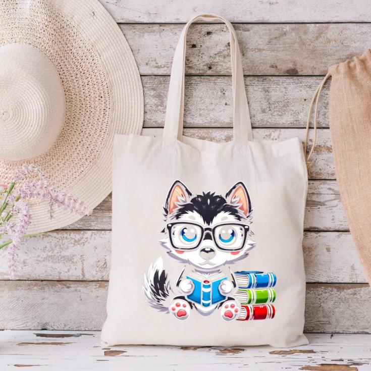 Book Lover Reading Husky Dog Canvas Tote Bag