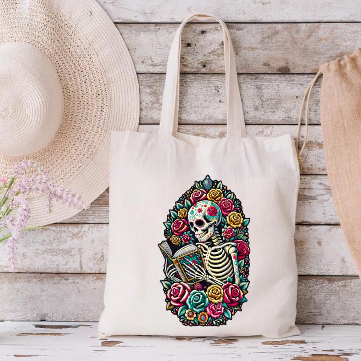 Book Lover Skeleton Reading With Dia De Los Muertos Flowers Canvas Tote Bag
