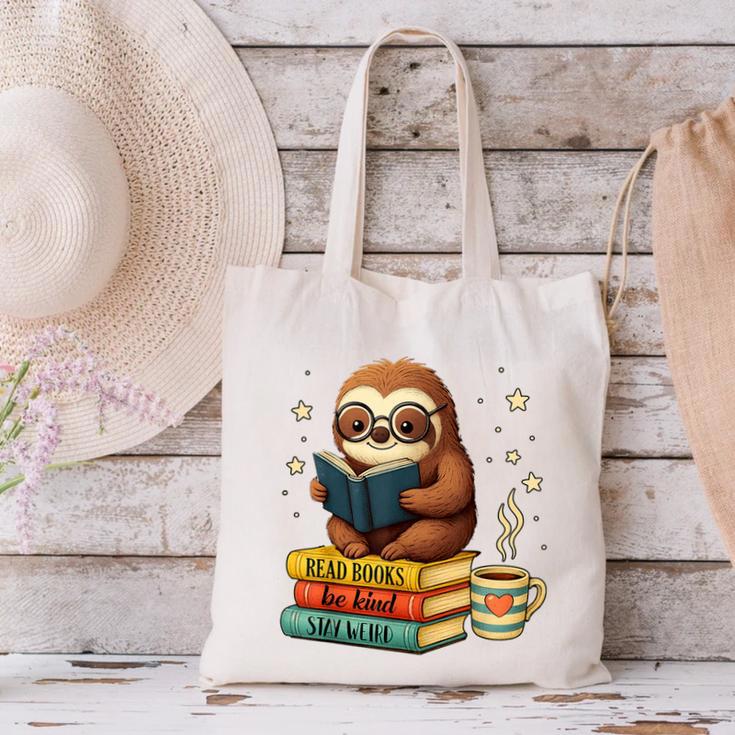 Book Lover Sloth Reading Bookish Library Read Books Be Kind Canvas Tote Bag