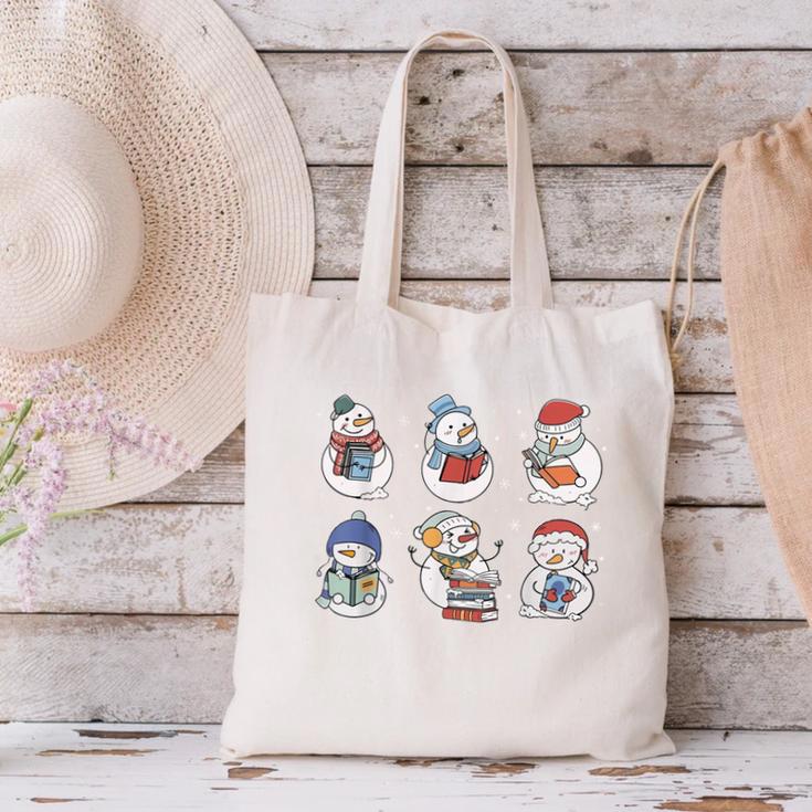 Book Lover Teacher Snowman Reading Books Christmas Winter Canvas Tote Bag