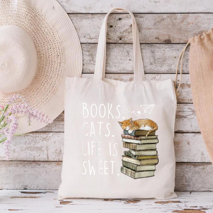 Book Lovers Books Cats Life Is Sweet Cat Lovers Canvas Tote Bag