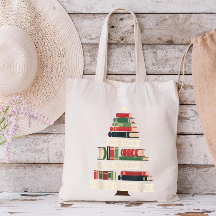 Book Merry Little Christmas Tree Holiday Canvas Tote Bag
