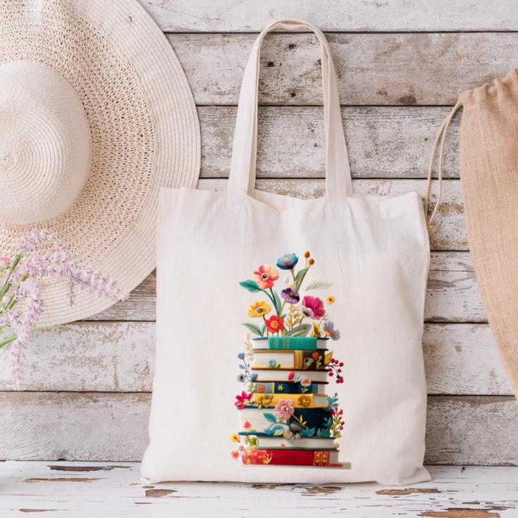Book Stack With Flowers Reading Lover Bookish Canvas Tote Bag