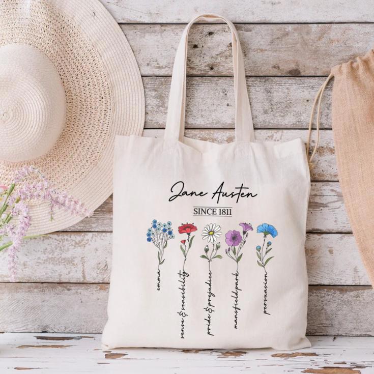 Bookish Feminist Jane Austen Fan Jane Austen Flower Books Canvas Tote Bag
