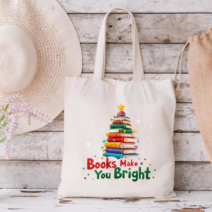 Books Make You Bright Christmas Librarian Book Lover Canvas Tote Bag