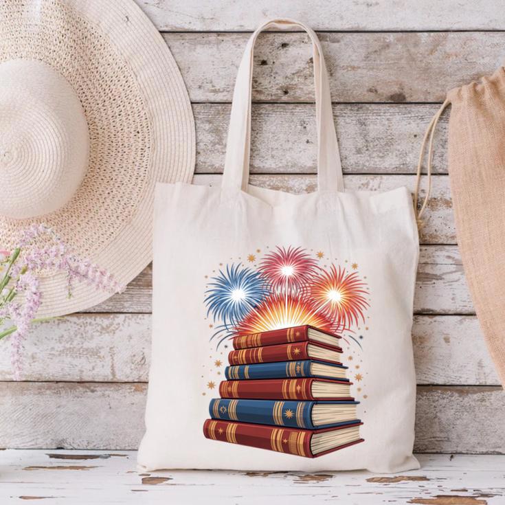 Books Fireworks 4th Of July Bookworm Patriotic Reader Canvas Tote Bag