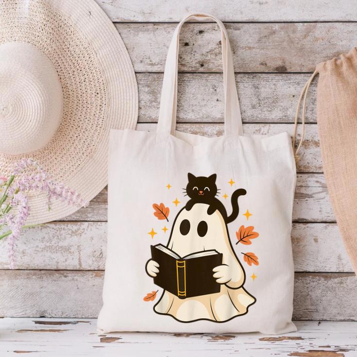 Books Ghost Reading Book Halloween Library Cat Fall Canvas Tote Bag Books Ghost Reading Book Halloween Library Cat Fall Canvas Tote Bag