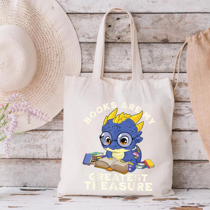 Books Are My Greatest Treasure Kawaii Dragon Reading Books Canvas Tote Bag