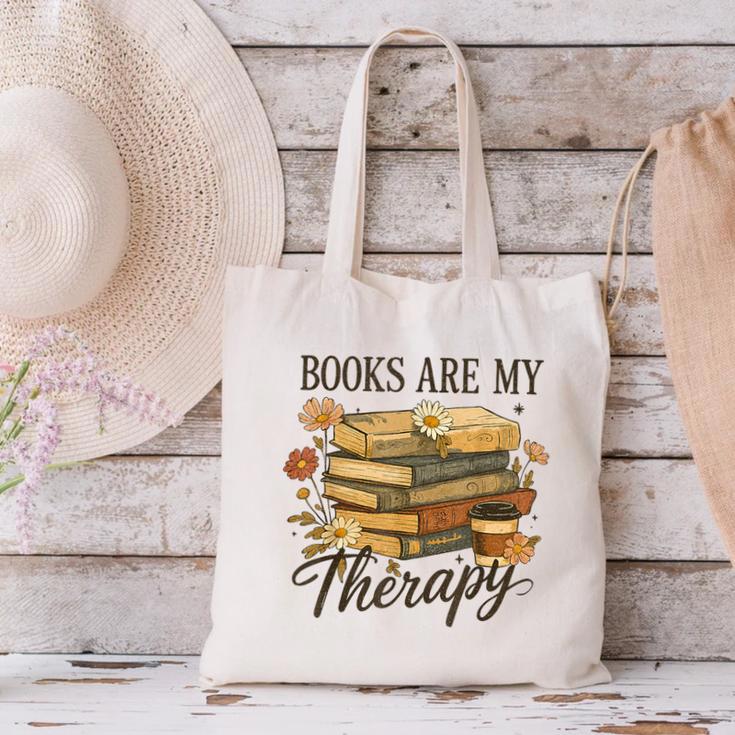 Books Are My Therapy Vintage Book Lover Daisy Art Canvas Tote Bag