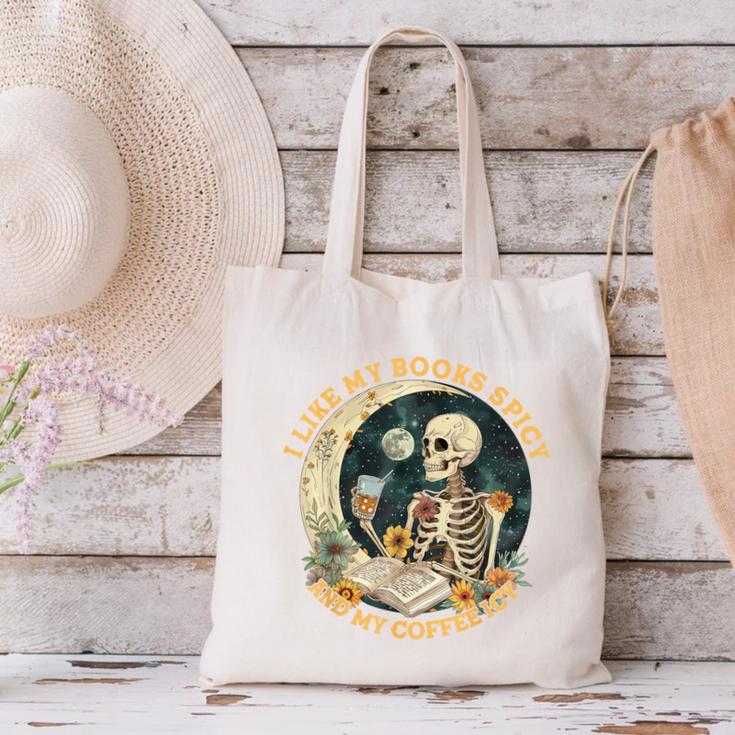 I Like My Books Spicy & My Coffee Icy Skeleton Read Book Canvas Tote Bag