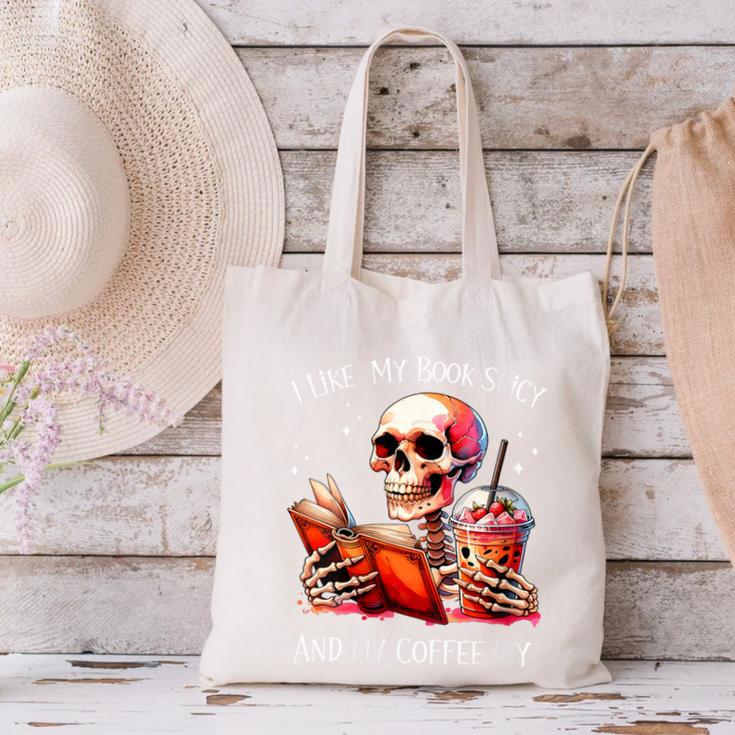 I Like My Books Spicy And My Coffee Icy Skeleton Canvas Tote Bag I Like My Books Spicy And My Coffee Icy Skeleton Canvas Tote Bag