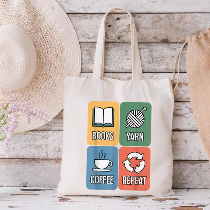 Books Yarn Coffee Repeat Crocheting Canvas Tote Bag