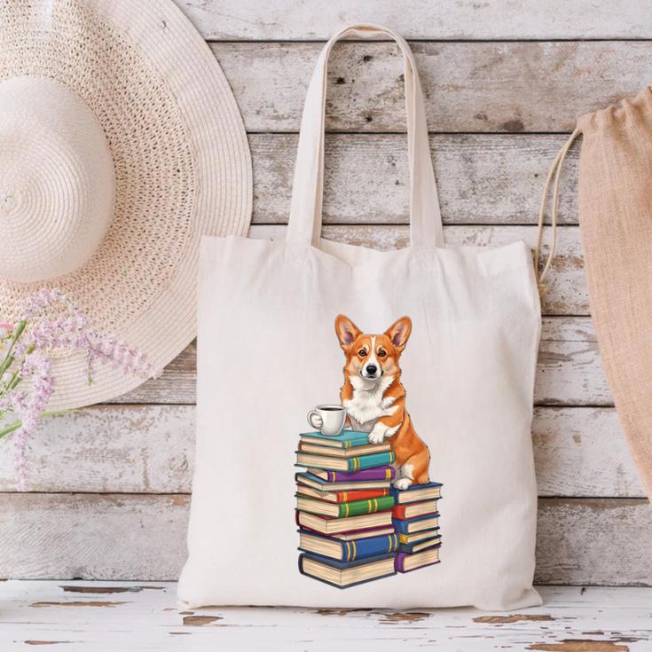 Bookworm Corgi Reading Books Drinking Coffee Dog Lover Canvas Tote Bag