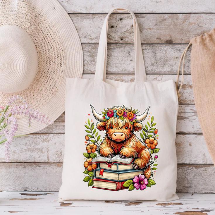 Bookworm Cute Highland Cow Reading Book Canvas Tote Bag