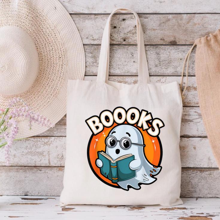 BOOOKS Cute Ghost Reading Books Halloween Canvas Tote Bag