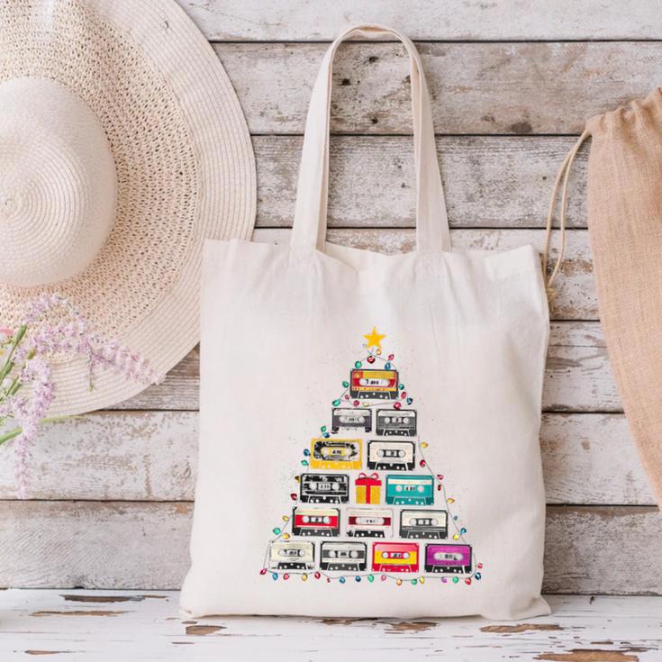 Cassette Tape Christmas Tree Graphic 80s 90s Retro Nostalgia Canvas Tote Bag Cassette Tape Christmas Tree Graphic 80s 90s Retro Nostalgia Canvas Tote Bag