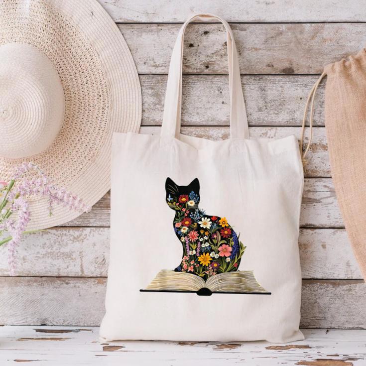 Cat Book Flowers Canvas Tote Bag