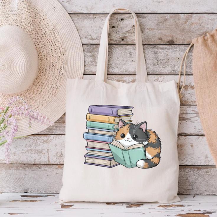 Cat On Books Pets Cats Reading Book Nerd Read Reader Bookcat Canvas Tote Bag