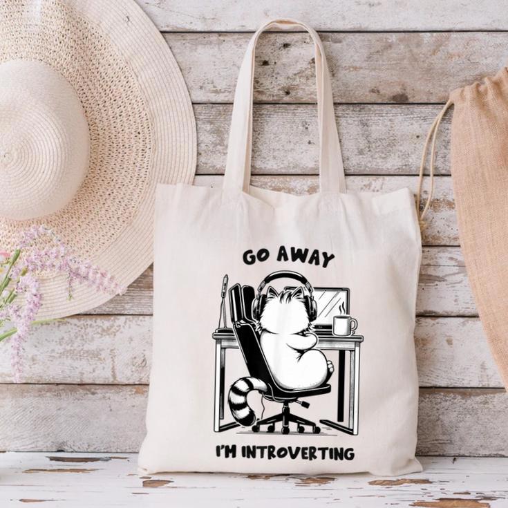 Cat With Coffee On Computer Go Away I'm Introverting Canvas Tote Bag Cat With Coffee On Computer Go Away I'm Introverting Canvas Tote Bag