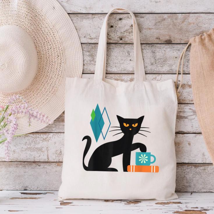 Cat Midcentury With Book And Coffee Atomic Age Mid Century Canvas Tote Bag