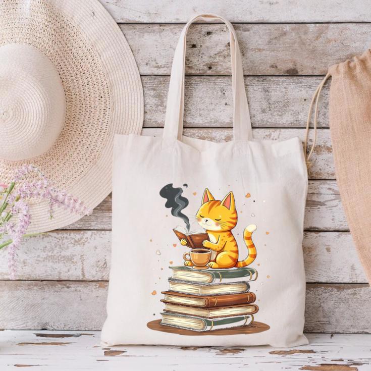 Cat Reading Books Canvas Tote Bag Cat Reading Books Canvas Tote Bag
