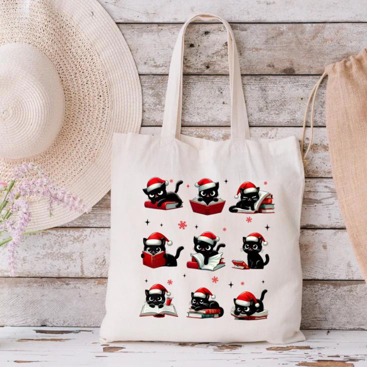 Cat Reading Books Lover Christmas Cat Lover Xmas Canvas Tote Bag Cat Reading Books Lover Christmas Cat Lover Xmas Canvas Tote Bag