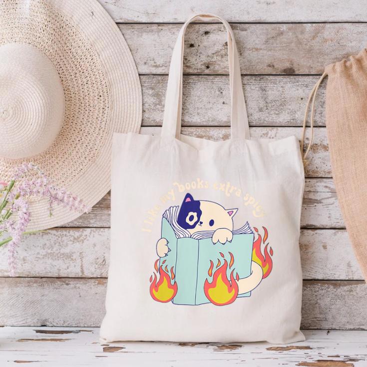 Cat Reading a Romance BookI Like My Books Extra Spicy Canvas Tote Bag