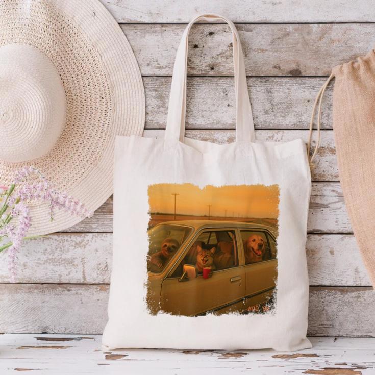 Cat Sloth Dog Retro Nostalgia Roadtrip Photo Canvas Tote Bag